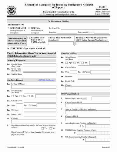 Form I 864W Request For Exemption For Intending Immigrant s Affidavit 