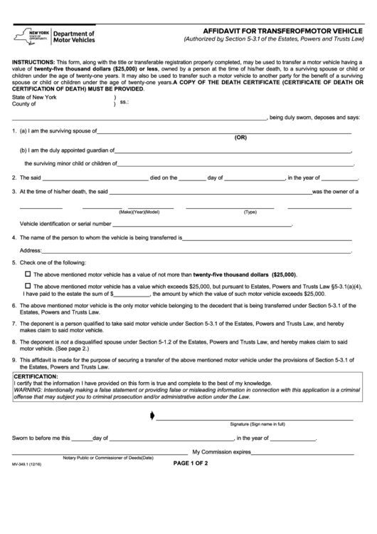 Form Mv 349 1 Affidavit For Transfer Of Motor Vehicle Printable Pdf