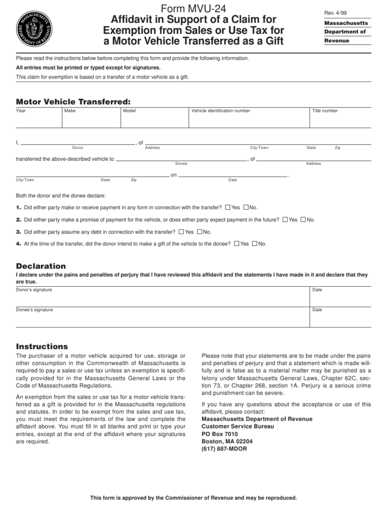 Form MVU 24 Download Printable PDF Or Fill Online Affidavit In Support 