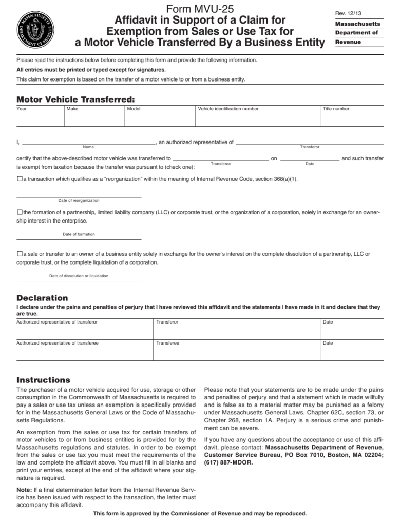 Form MVU 25 Download Printable PDF Or Fill Online Affidavit In Support 