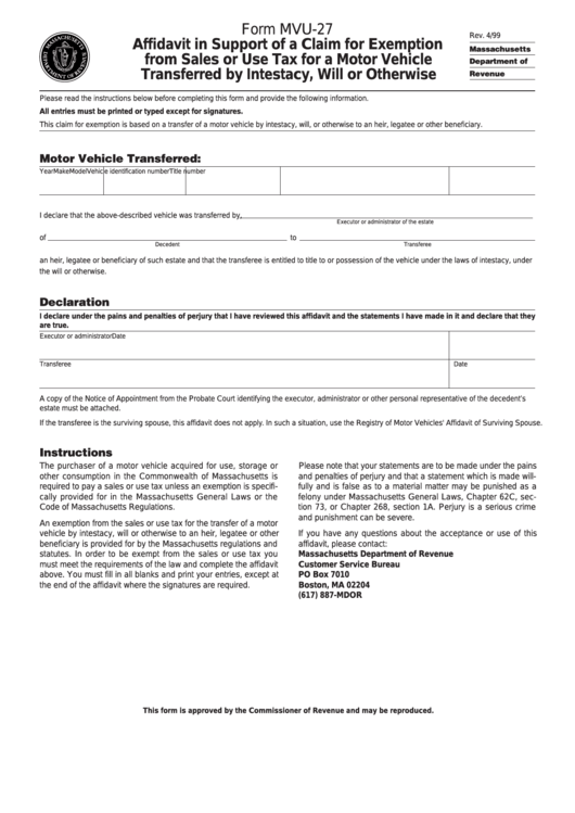 Form Mvu 27 Affidavit In Support Of A Claim For Exemption From Sales 