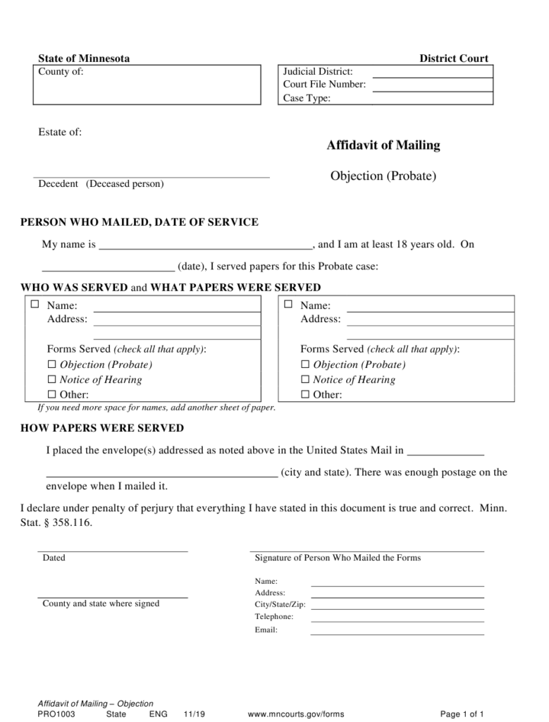 Form PRO1003 Download Printable PDF Or Fill Online Affidavit Of Mailing 