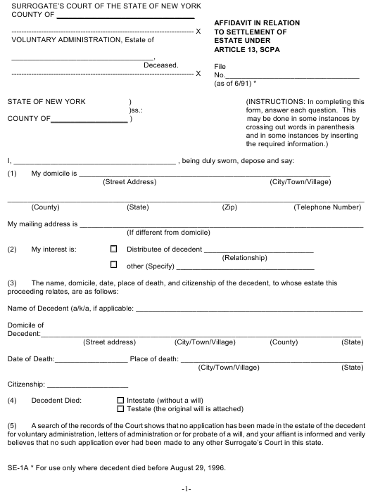 Form SE 1A Download Fillable PDF Affidavit In Relation To Settlement 