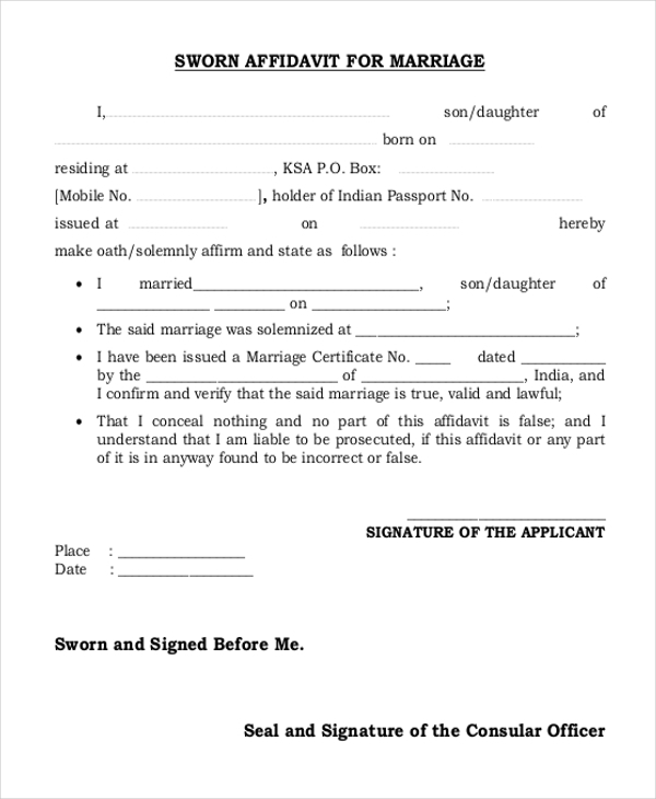 FREE 11 Affidavit Form For Marriage Samples In MS Word PDF