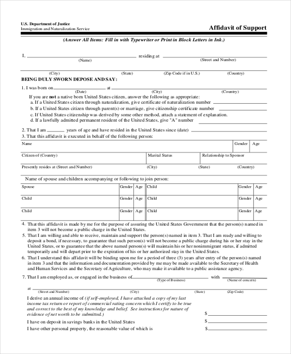 FREE 11 Sample Affidavit Of Support Forms In PDF MS Word