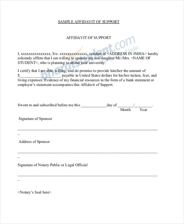 FREE 11 Sample Affidavit Of Support Forms In PDF MS Word