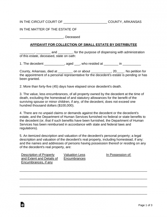 Free Arkansas Small Estate Affidavit Form 23 PDF Word EForms