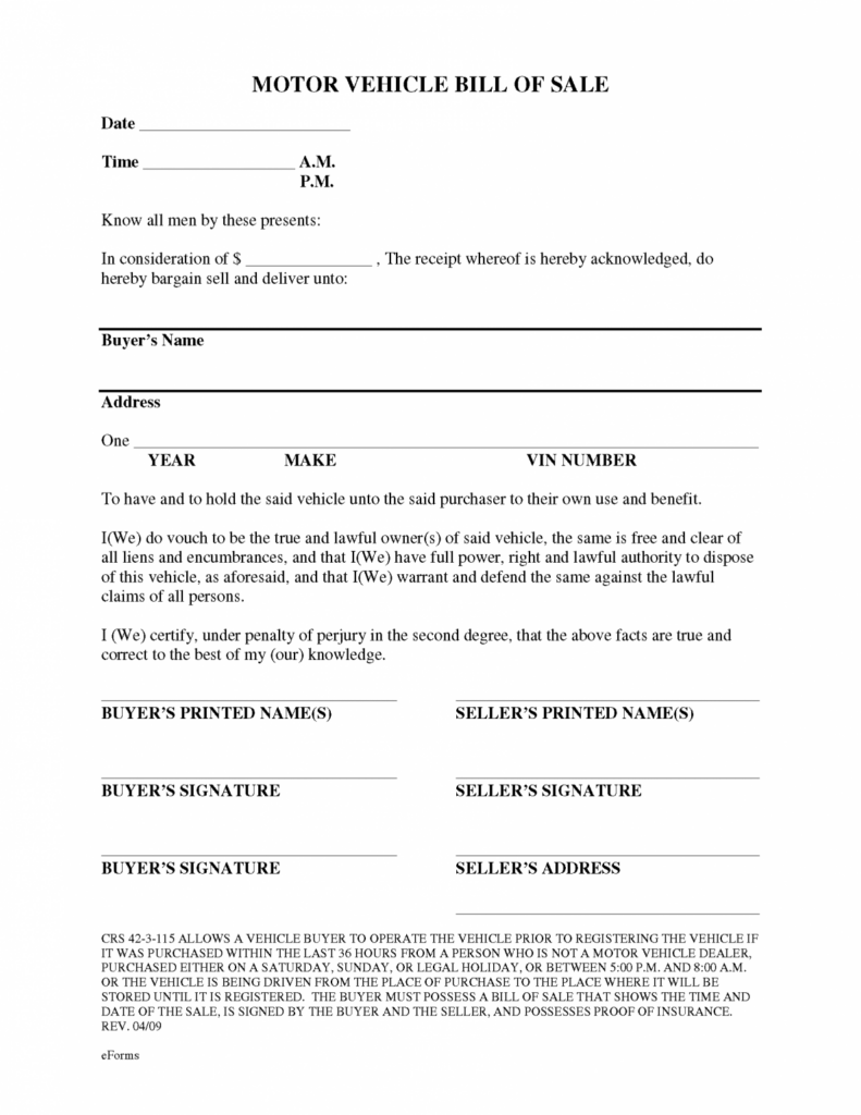 Free Colorado Motor Vehicle Bill Of Sale Form PDF EForms