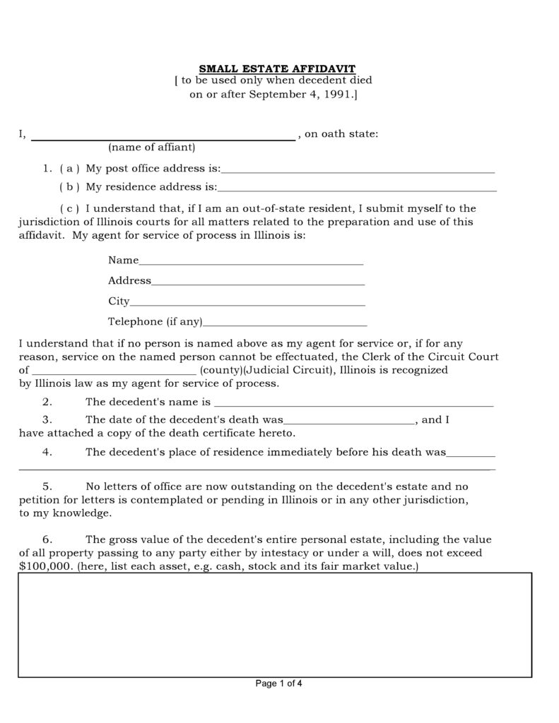 Free Illinois Small Estate Affidavit Form PDF Word Do It Yourself 