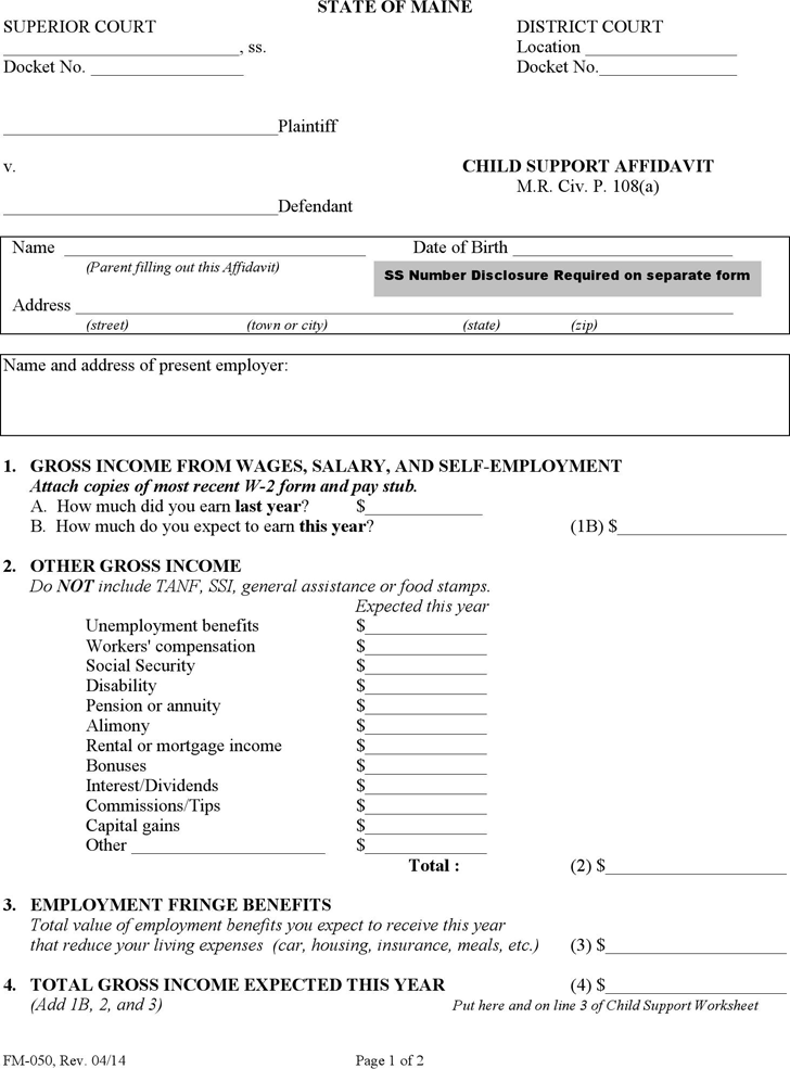 Free Maine Child Support Affidavit Form PDF 117KB 2 Page s 