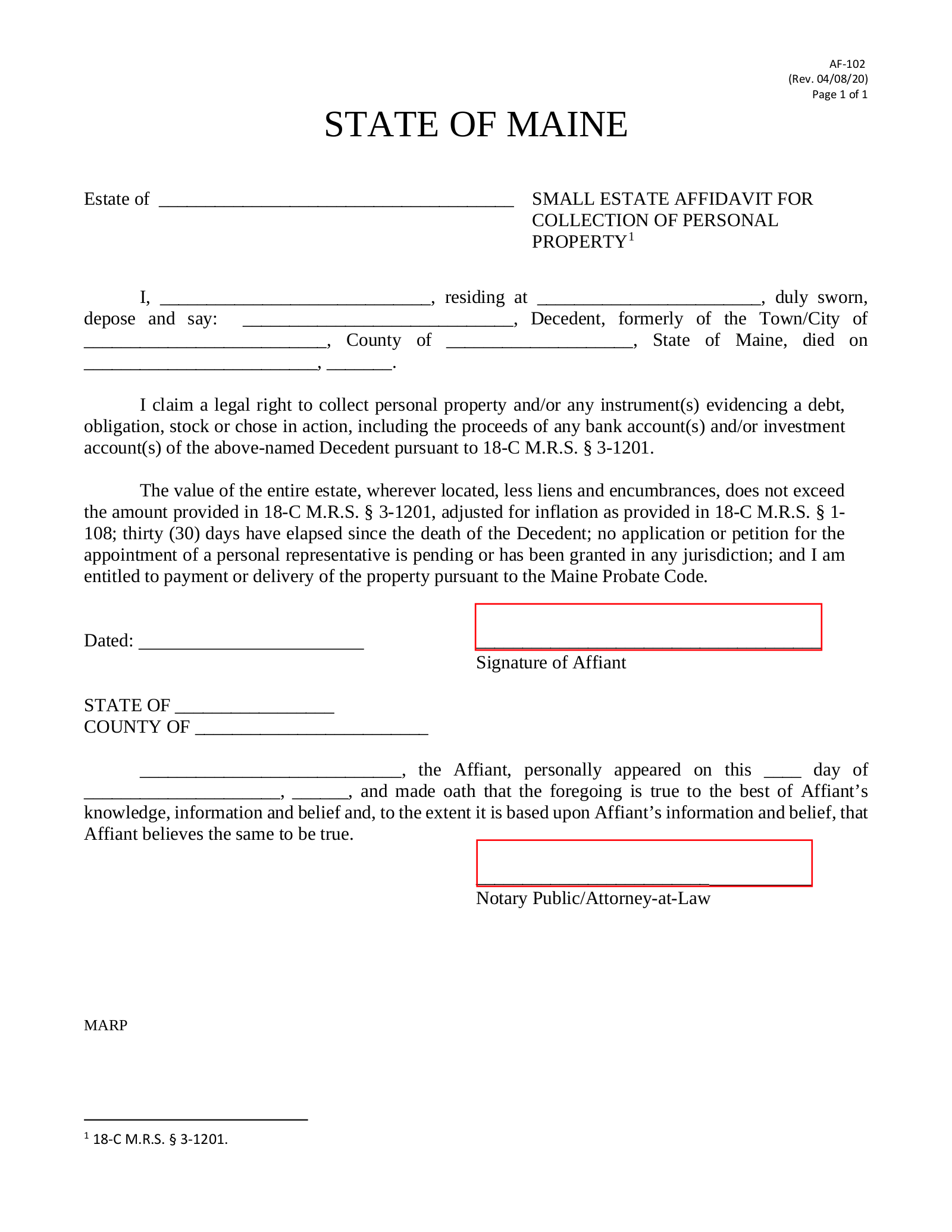 Free Maine Small Estate Affidavit Collection Of Personal Property