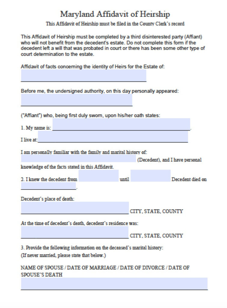 Free Maryland Affidavit Of Heirship Form PDF Word