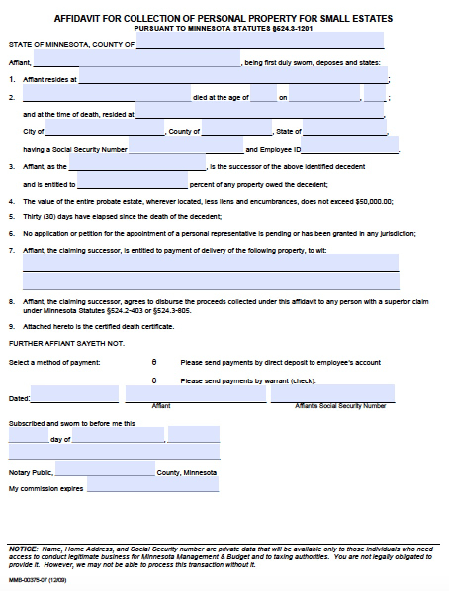 Free Minnesota Small Estate Affidavit Form PDF Word