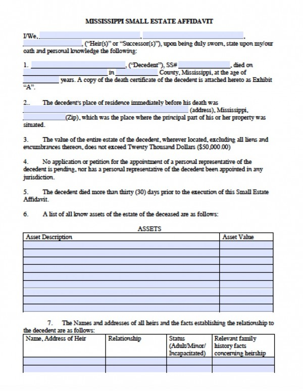 Free Mississippi Affidavit Of Heirship Vehicle Only 78014 Form 