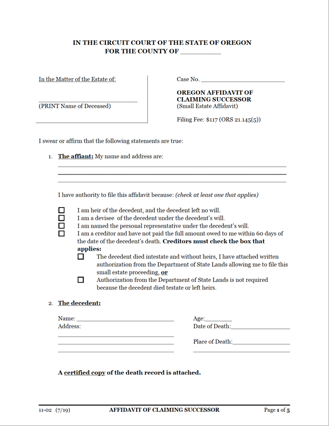 Free Oregon Small Estate Affidavit Form PDF