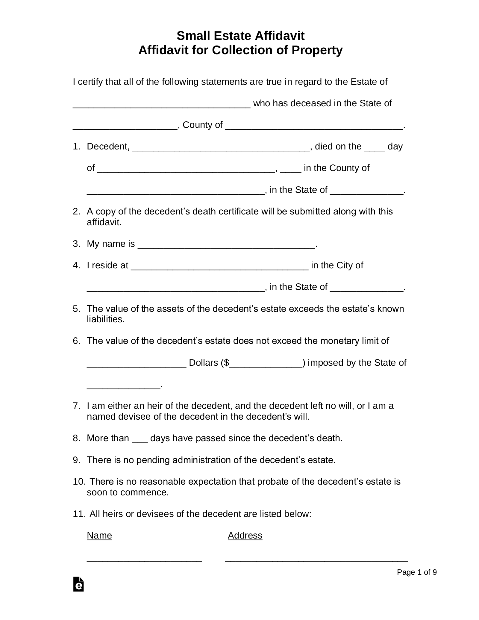 Free Small Estate Affidavit Forms PDF Word EForms