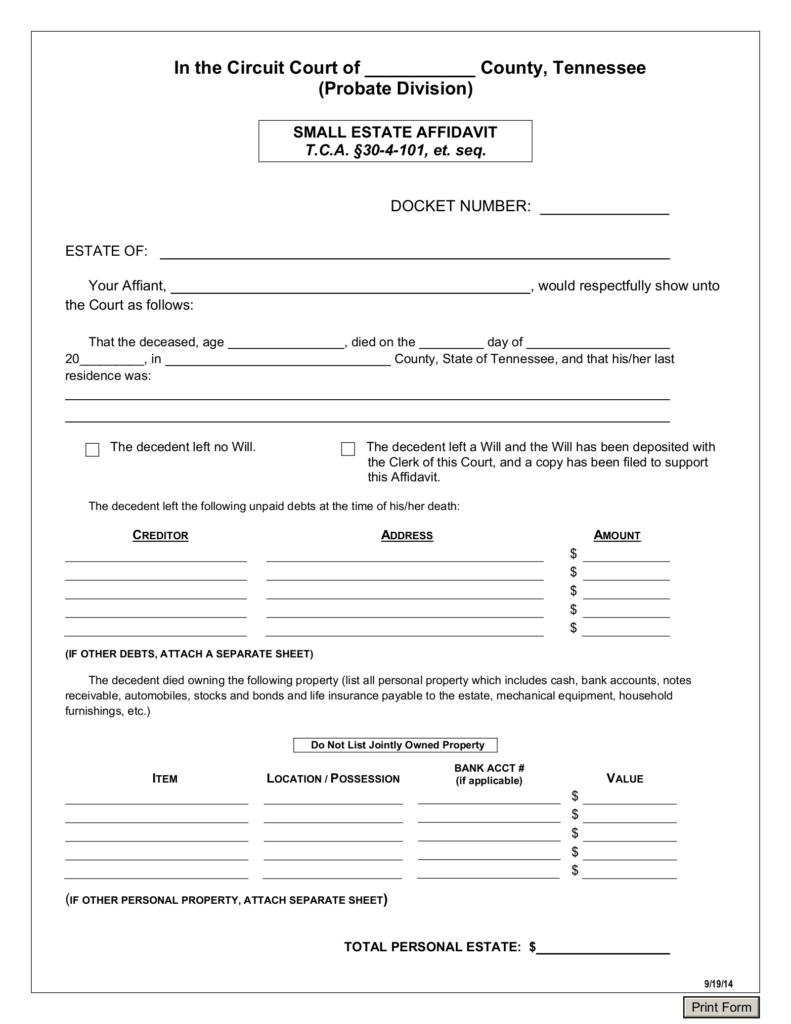 Free Tennessee Small Estate Affidavit PDF EForms