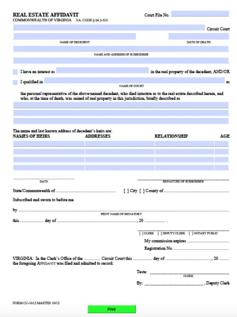 Free Virginia Affidavit Of Heirship Real Estate Form PDF Word