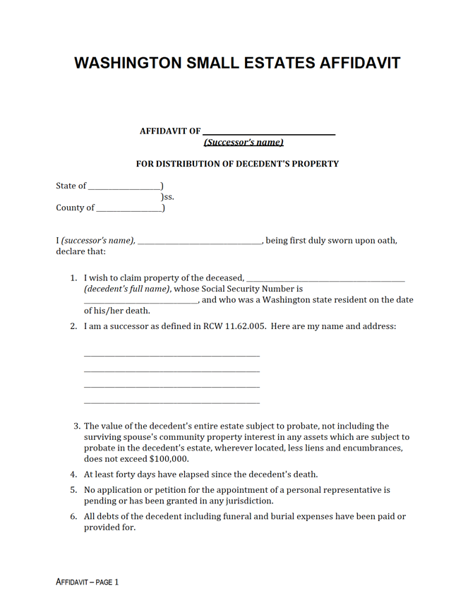 Free Washington Small Estate Affidavit Form PDF