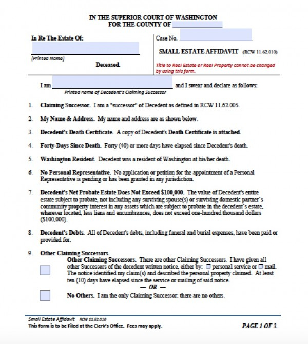 Free Washington Small Estate Affidavit Form PDF Word