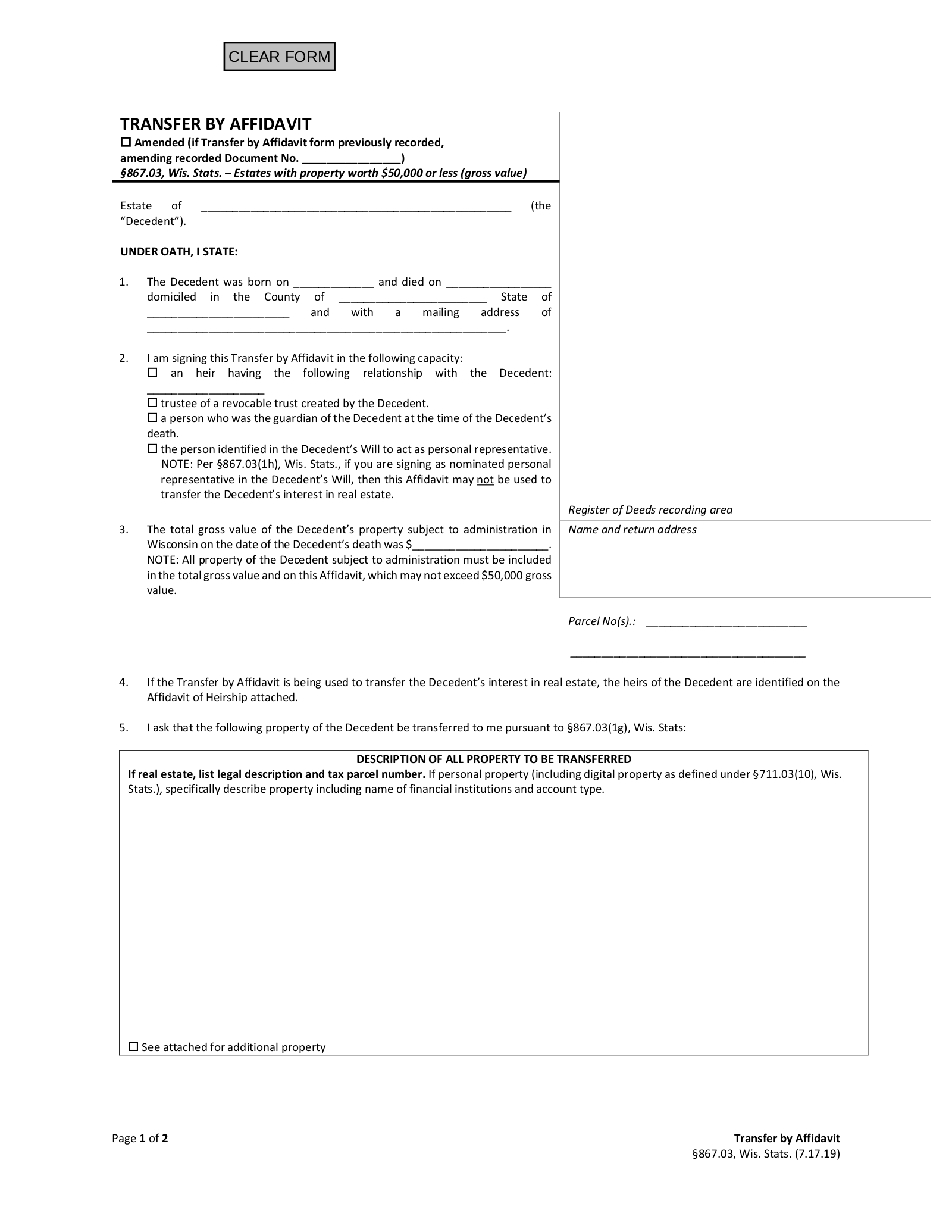 Free Wisconsin Small Estate Affidavit Form PR 1831 PDF EForms