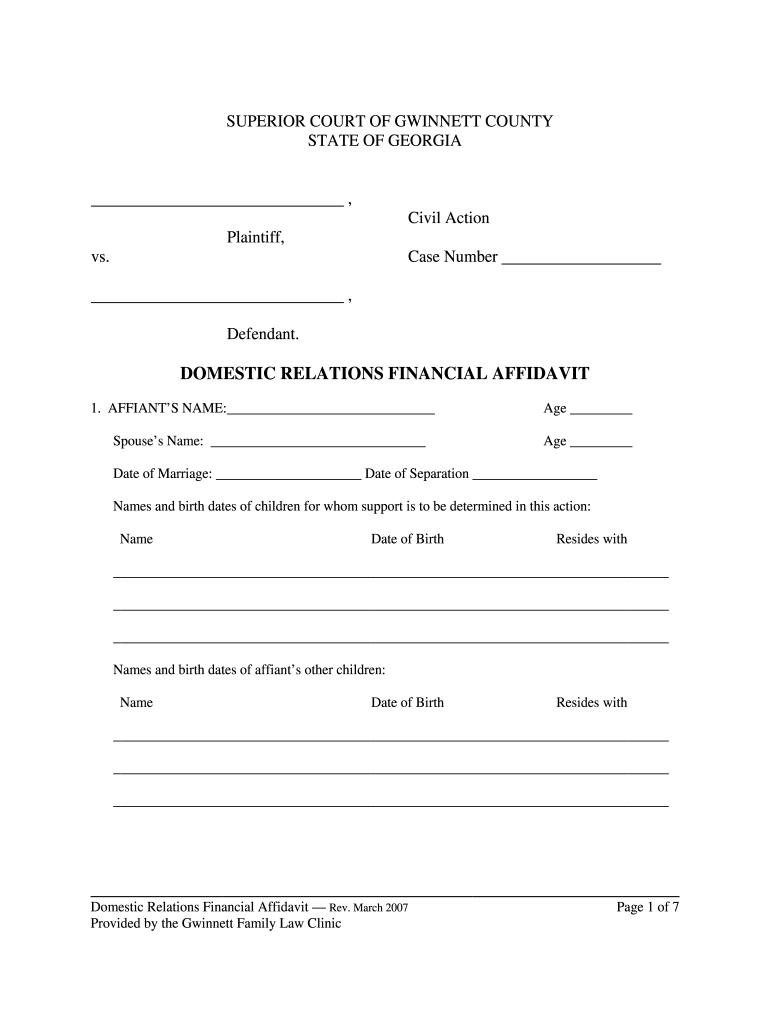 GA Domestic Relations Financial Affidavit Gwinnett County 2007 