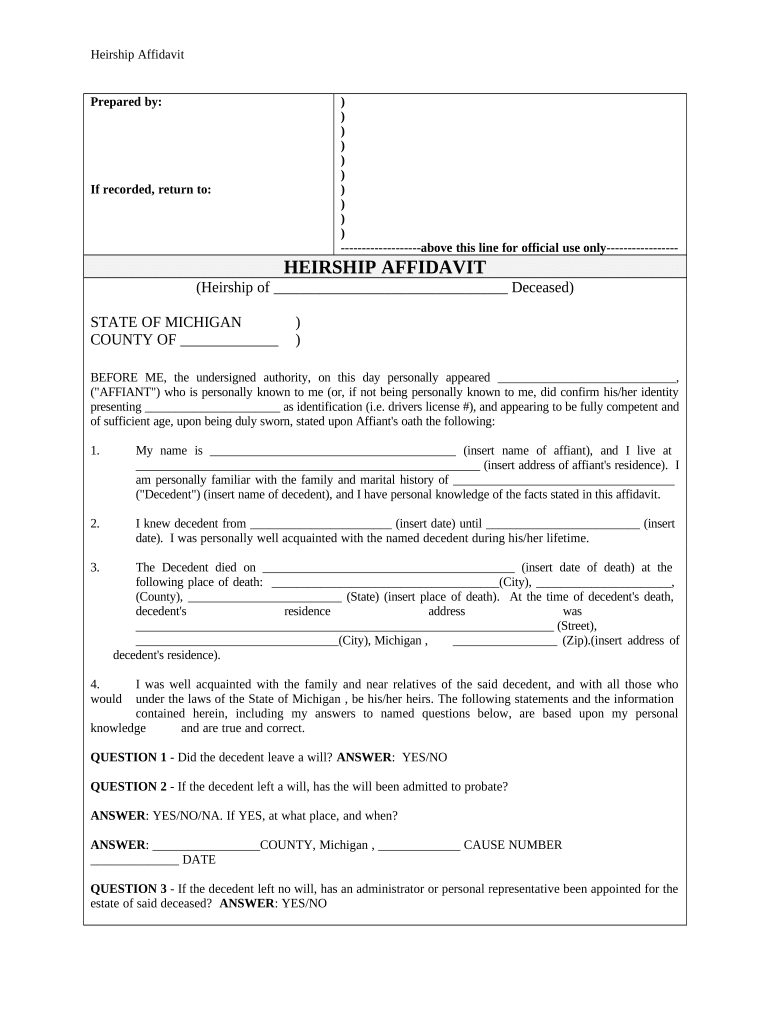 Heirship Affidavit Descent Michigan Doc Template PDFfiller