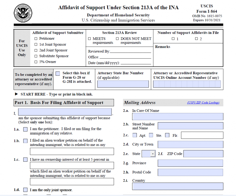 I 864 Affidavit Of Support For Green Card Application DYgreencard