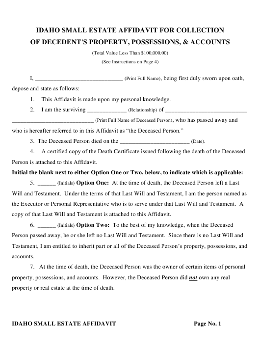 Idaho Small Estate Affidavit For Collection Of Decedent s Property 