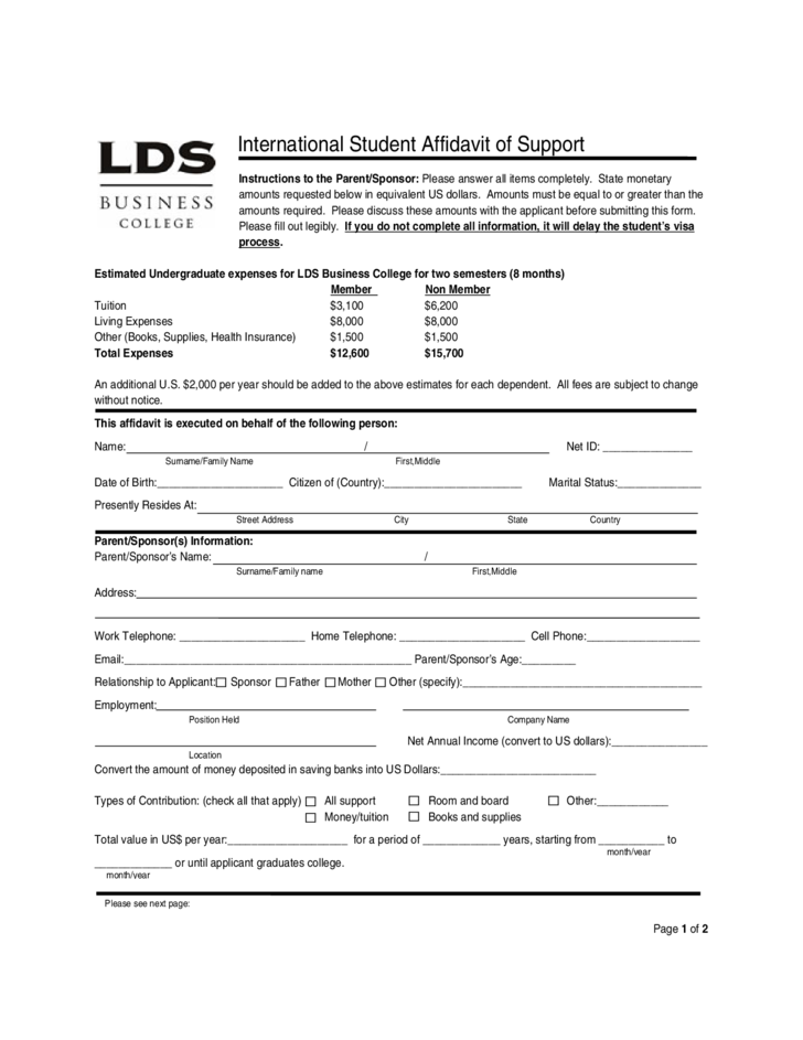 International Student Affidavit Of Support LDS Business College Free 
