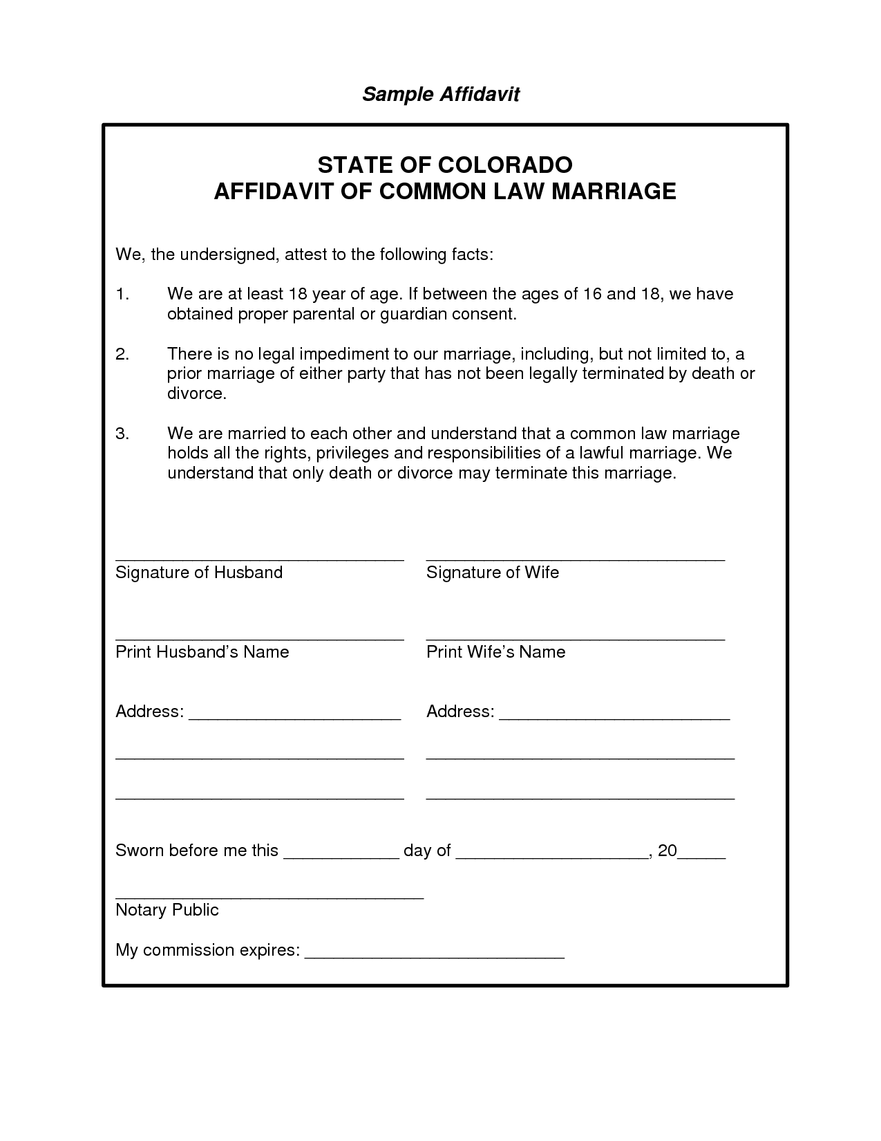 Marriage Affidavit Template Free Printable Documents