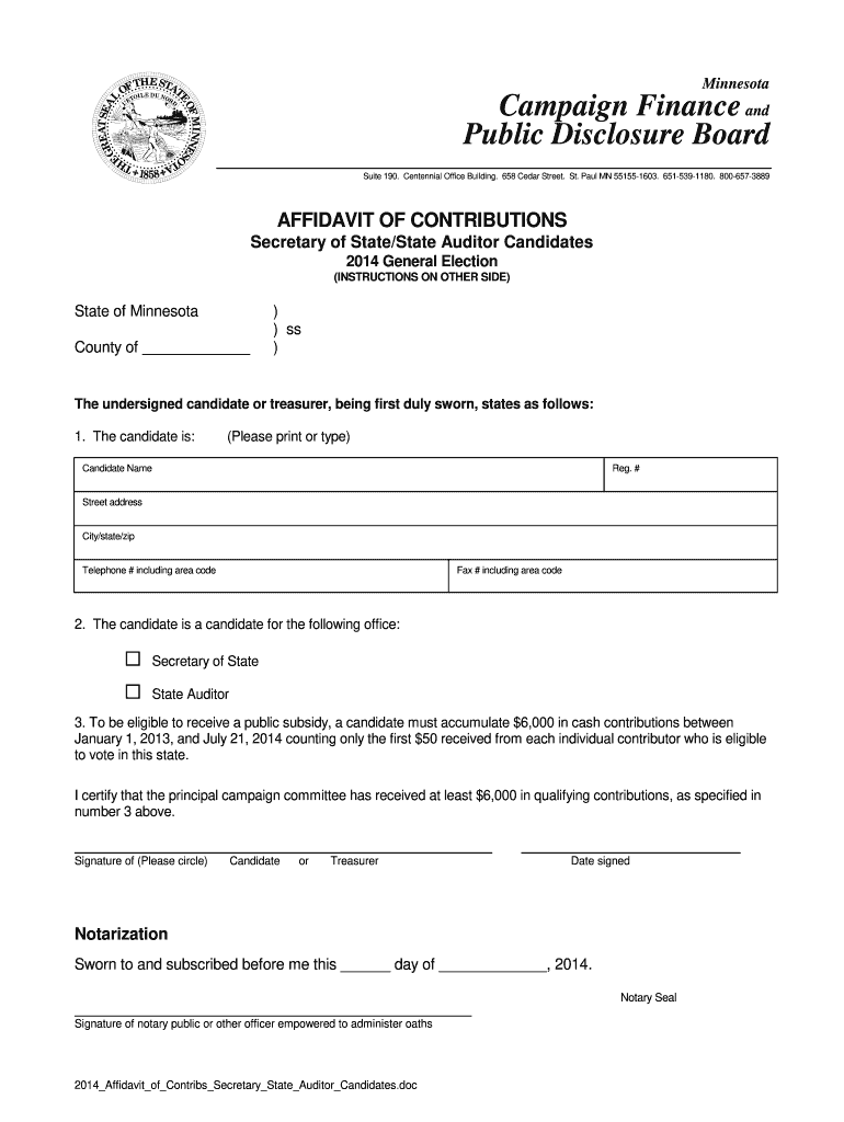 MN Affidavit Of Contributions 2014 Fill And Sign Printable Template 
