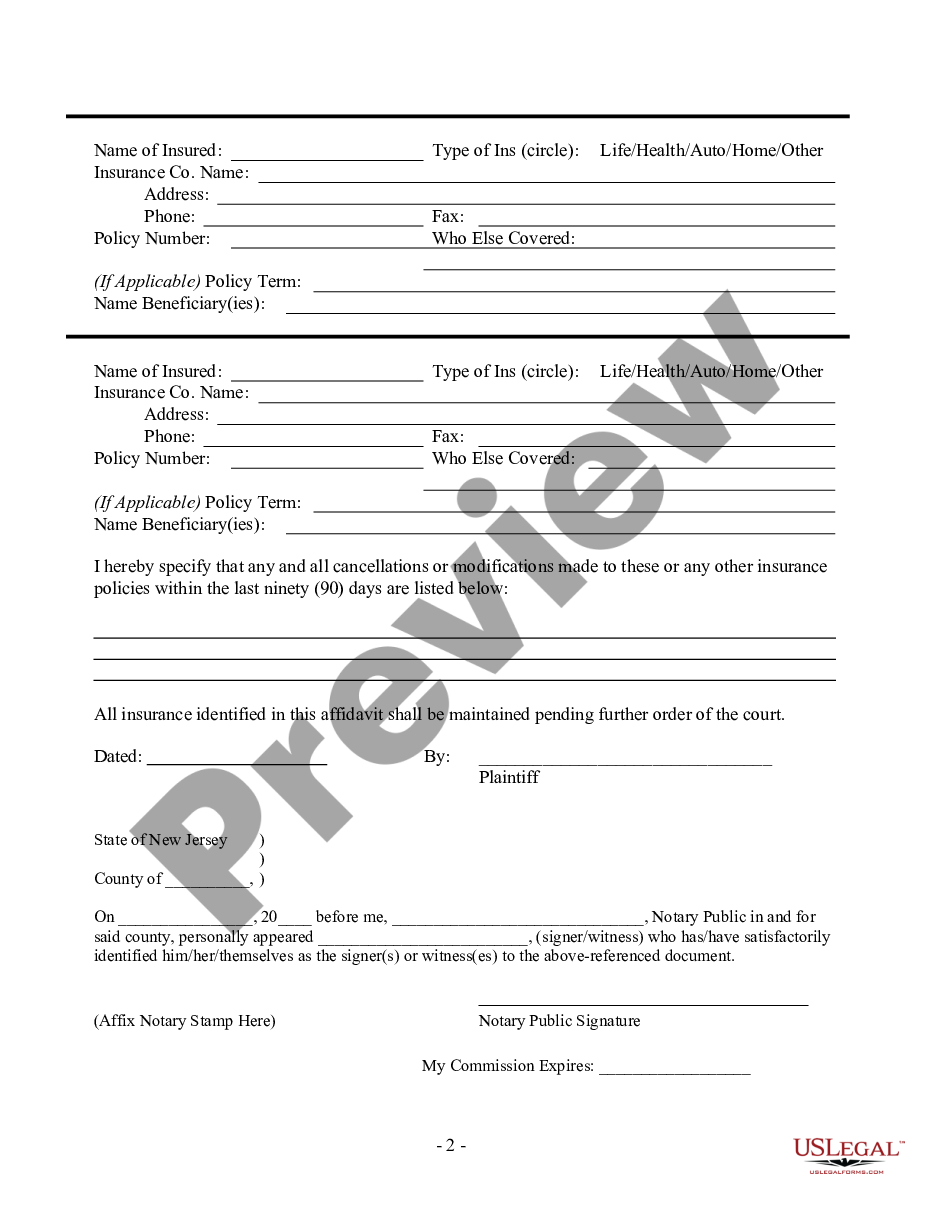 New Jersey Affidavit Of Insurance Coverage Affidavit Of Insurance