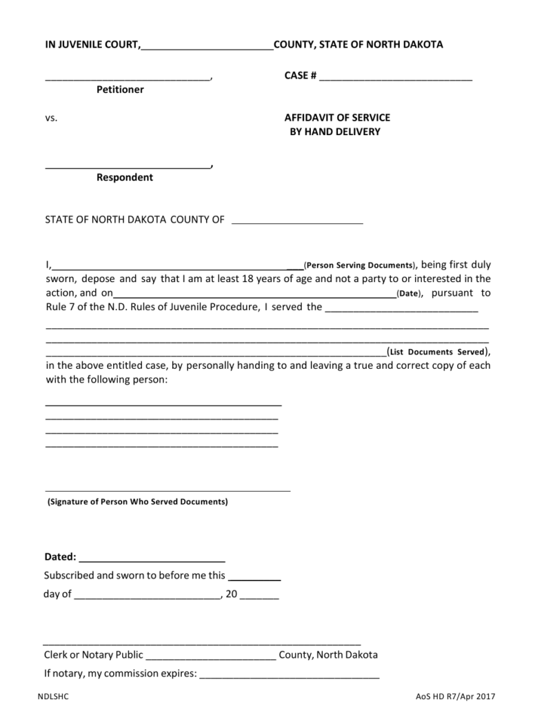 North Dakota Affidavit Of Service By Hand Delivery Download Fillable 