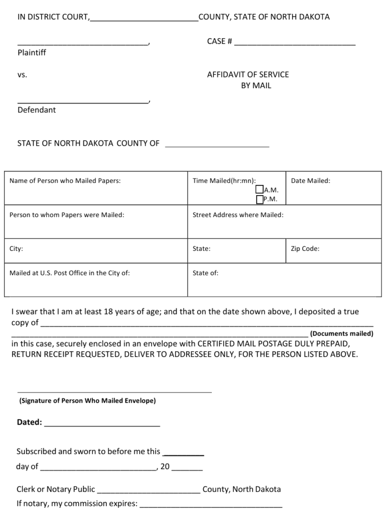 North Dakota Affidavit Of Service By Mail Download Fillable PDF 