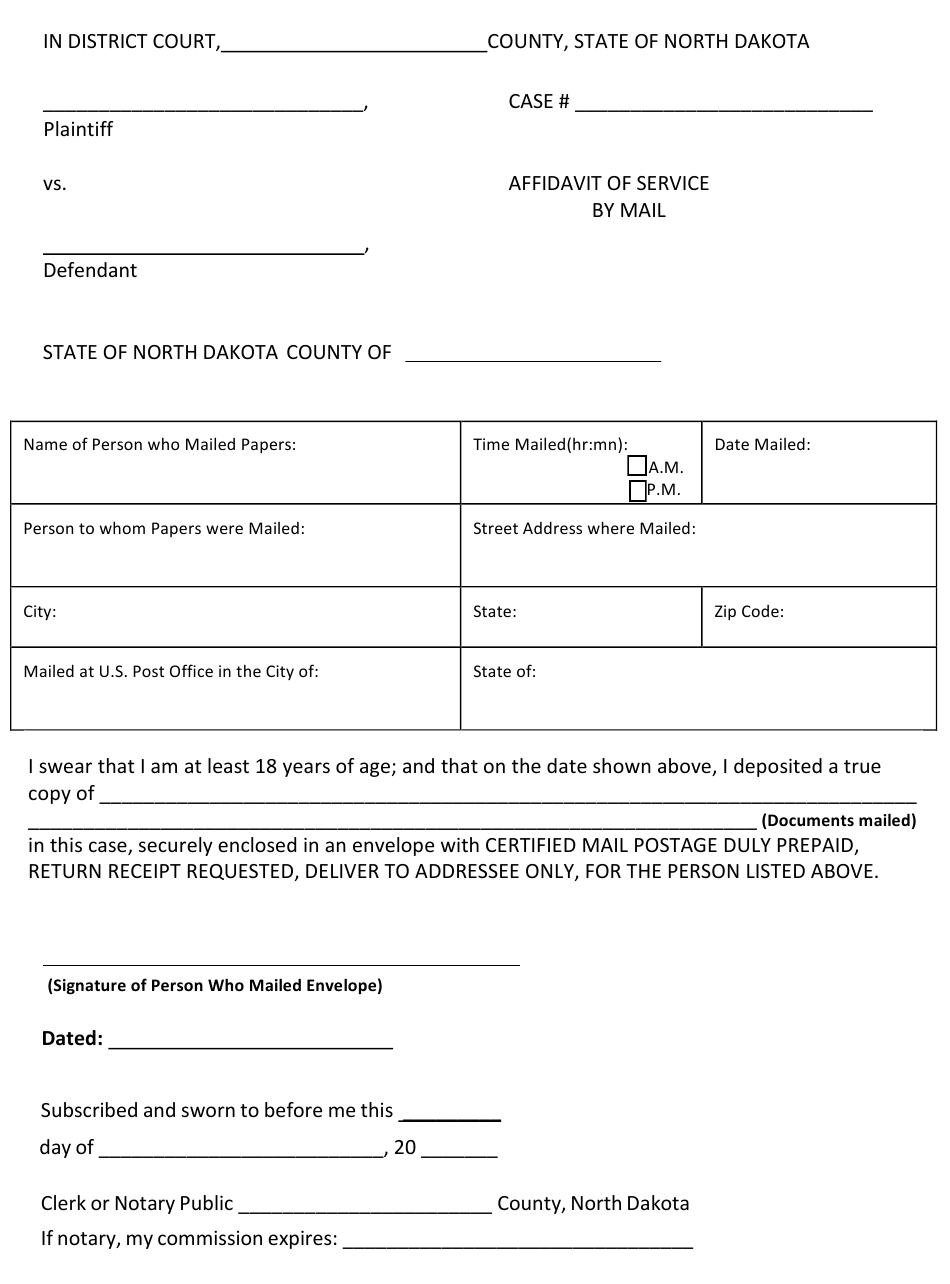 North Dakota Affidavit Of Service By Mail Download Fillable PDF