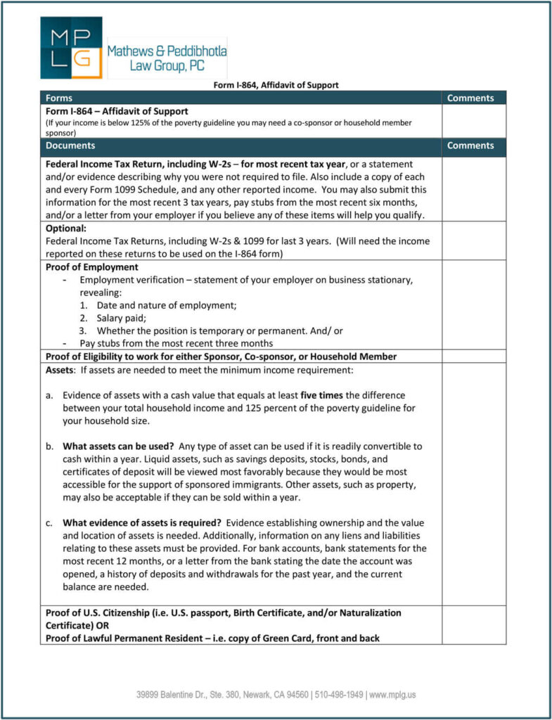 Parent Affidavit Of Support Requires Form I 864 MPLG