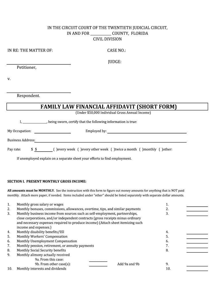 Pasco County Financial Affidavit Short Form Fill And Sign Printable