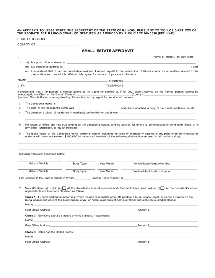 Small Estate Affidavit Form Illinois Free Download