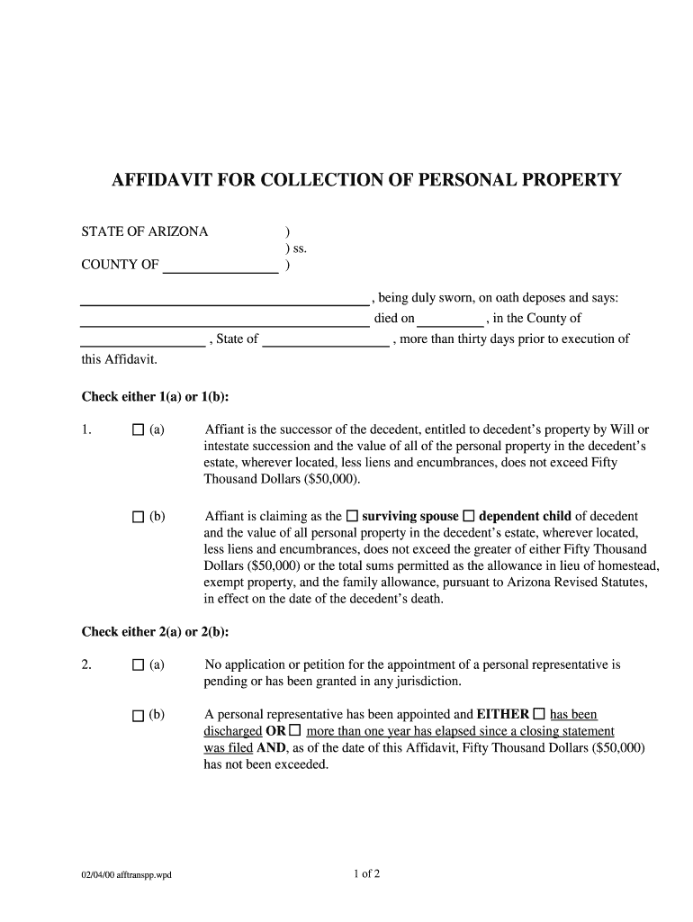 Small Estate Affidavit Pima County Arizona Fill Online Printable