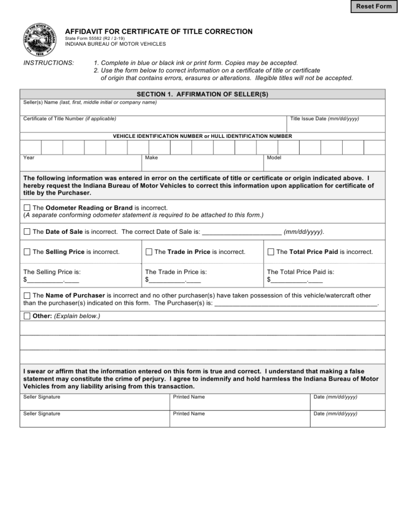 State Form 55582 Download Fillable PDF Or Fill Online Affidavit For 