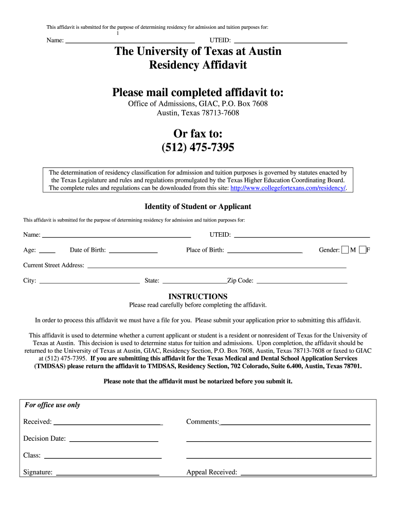 Texas Residency Affidavit Fill Online Printable Fillable Blank 