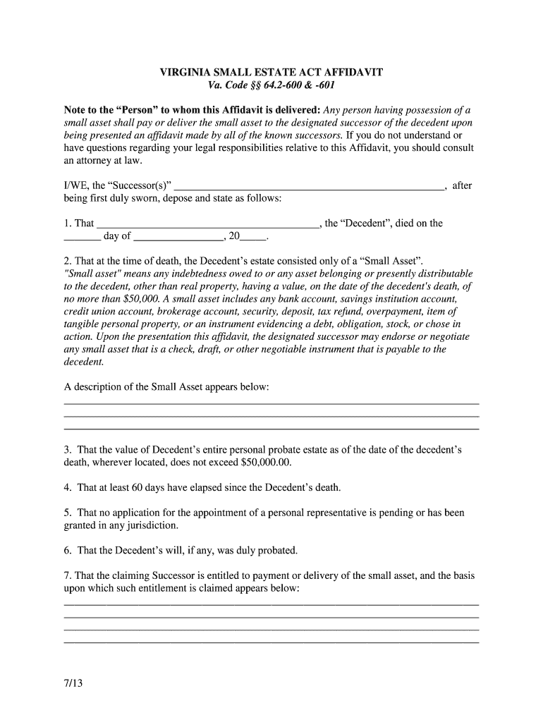 2013 Form VA Small Estate Act Affidavit Fill Online Printable
