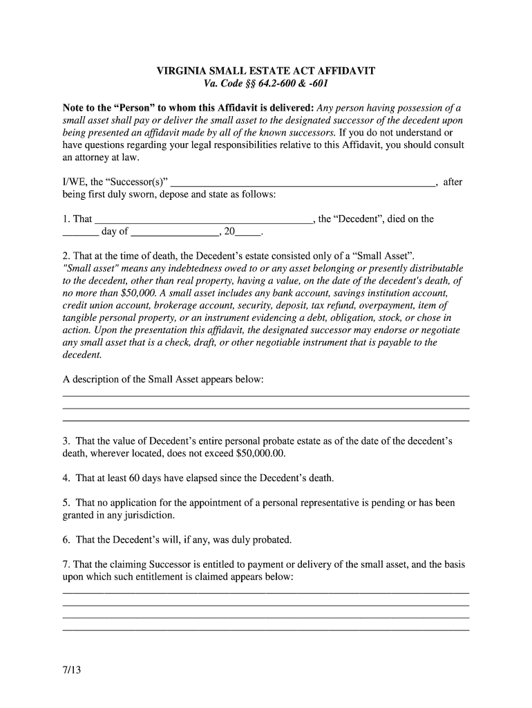 2013 Form VA Small Estate Act Affidavit Fill Online Printable 