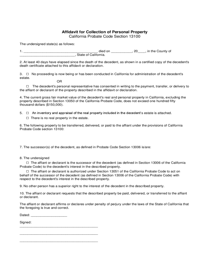Affidavit For Collection Of Personal Property California Free Download