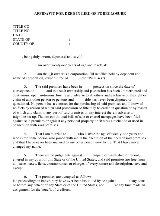 Affidavit For Deed In Lieu Of Foreclosure Download Fillable PDF 