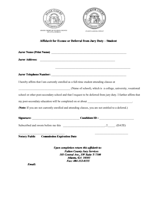 Affidavit For Excuse Or Deferral From Jury Duty Student Printable Pdf 