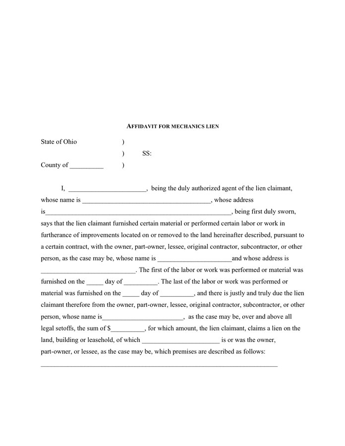 Affidavit For Mechanics Lien Ohio In Word And Pdf Formats