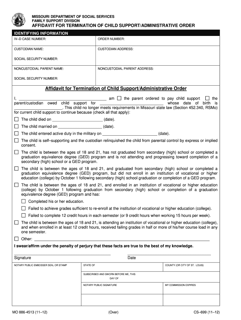 Affidavit For Termination Of Child Support Mo Fill Out And Sign