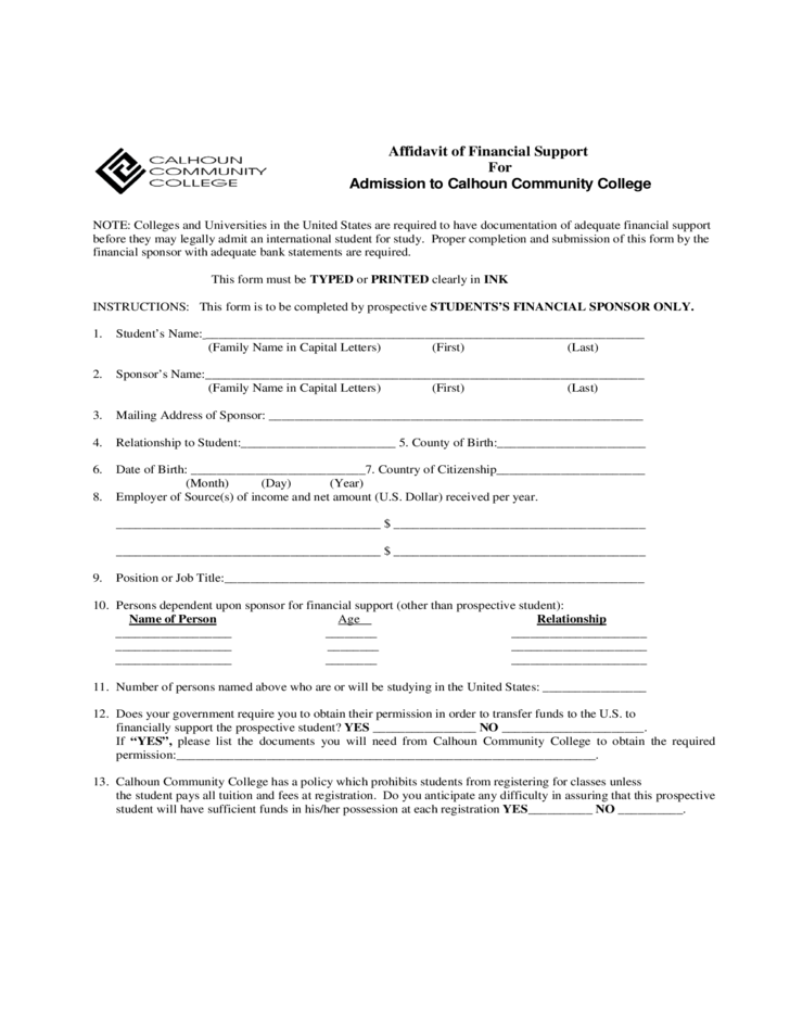 Affidavit Of Financial Support Calhoun Community College Free Download